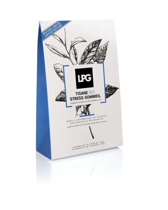 TISANE BIO STRESS-SOMMEIL ÉDITION LIMITÉE - Tisane Bio stress-sommeil - LPG - tisane - L'infusion apaisante qui élimine le stress et favorise un sommeil profondActions:> FAVORISE LE SOMMEIL> BIEN-ÊTRE> RELAXATIONDescription:Découvrez la TISANE STRESS-SOMM